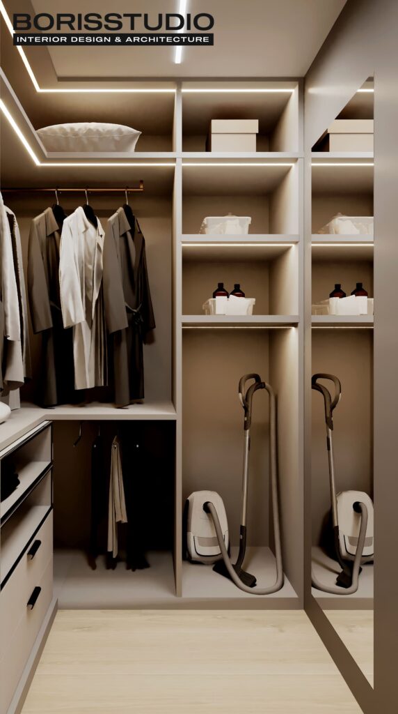 Дизайн-проект однокомнатной квартиры ЖК «Гидропарк», гардеробная вид справа