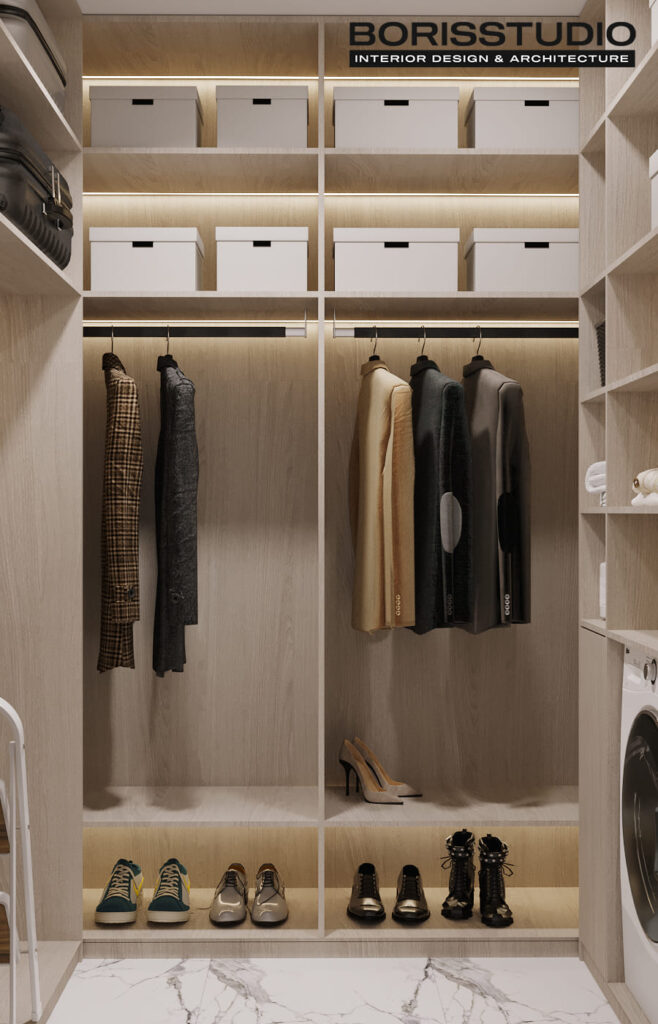 Дизайн интерьера двухкомнатной квартиры ЖК «Меридиан», гардеробная вид спереди