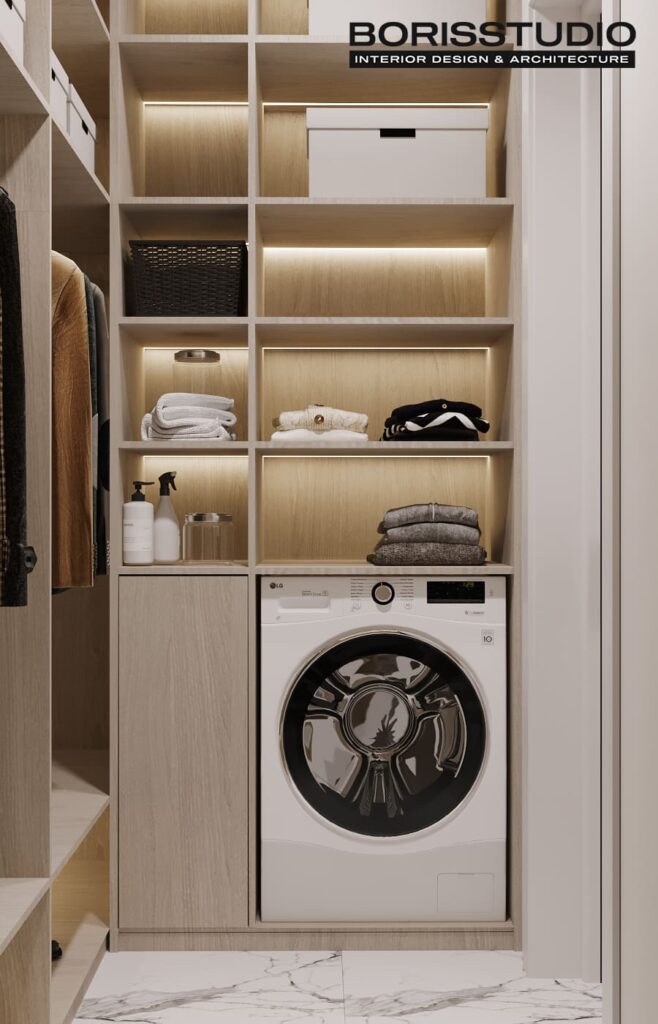 Дизайн интерьера двухкомнатной квартиры ЖК «Меридиан», гардеробная вид справа