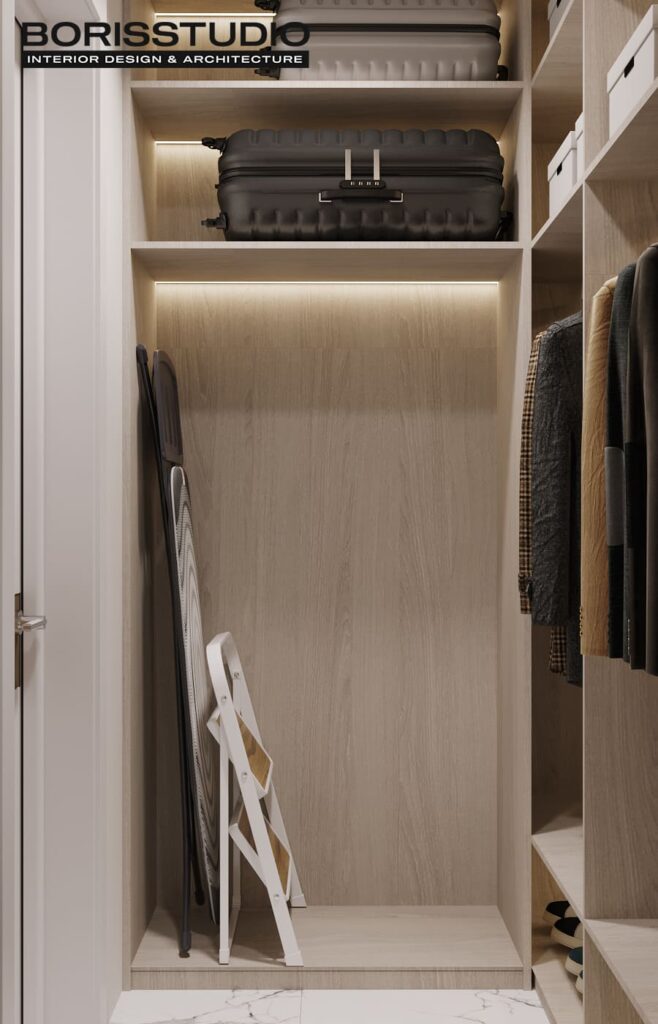 Дизайн интерьера двухкомнатной квартиры ЖК «Меридиан», гардеробная вид слева