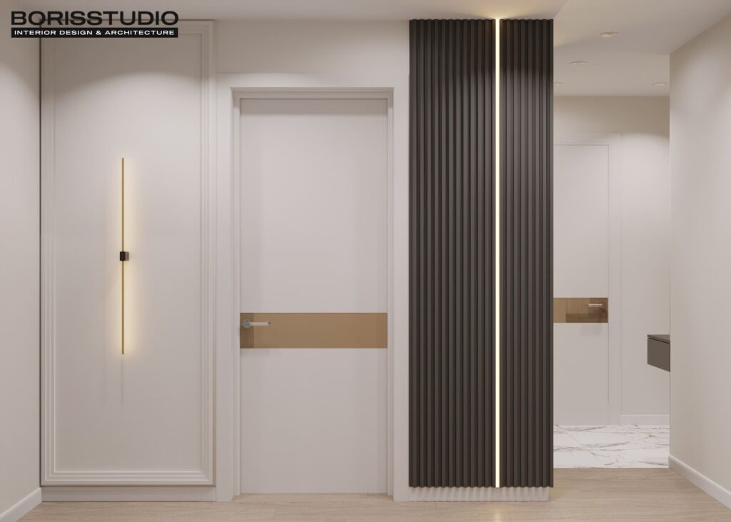 Дизайн интерьера двухкомнатной квартиры ЖК «Меридиан», прихожая вид сзади