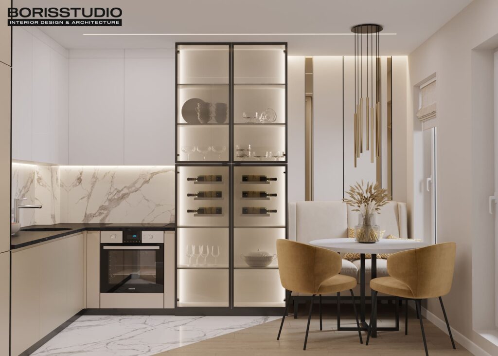 Дизайн інтер'єру двокімнатної квартири ЖК «Меридіан», кухня вид спереду