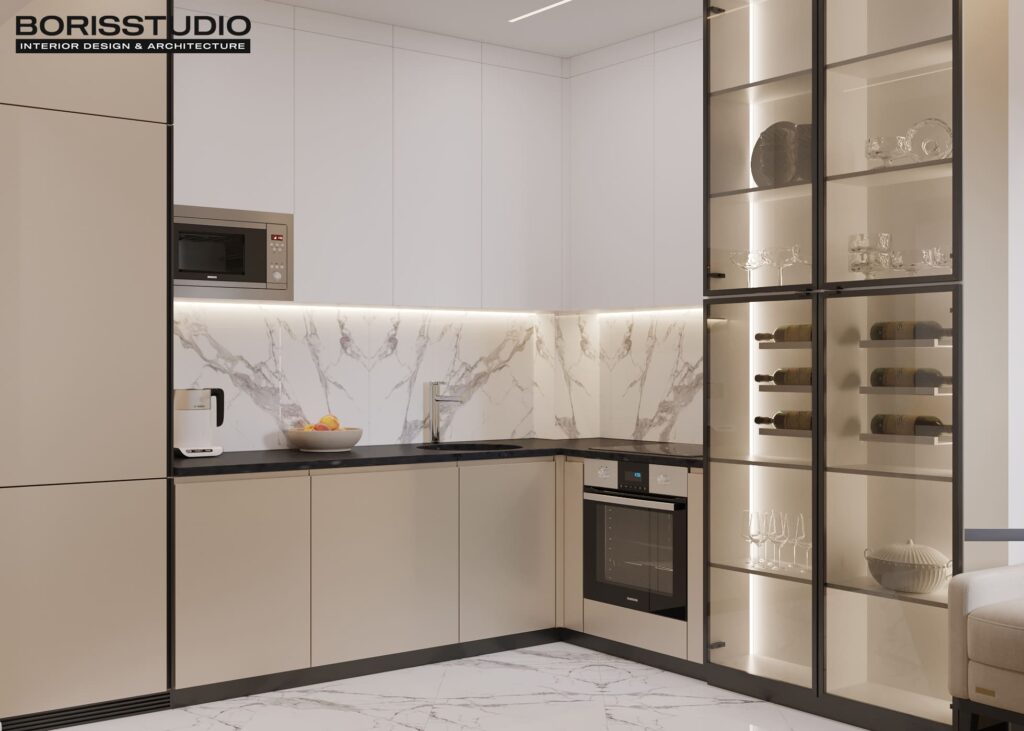 Дизайн интерьера двухкомнатной квартиры ЖК «Меридиан», кухня вид сбоку