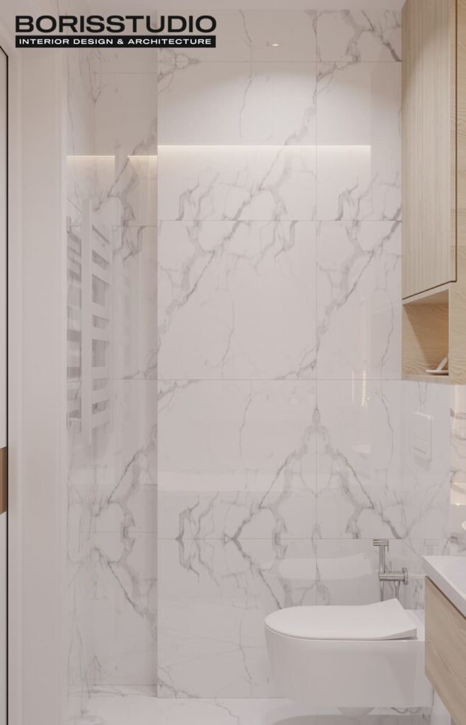 Дизайн интерьера двухкомнатной квартиры ЖК «Меридиан», санузел вид слева