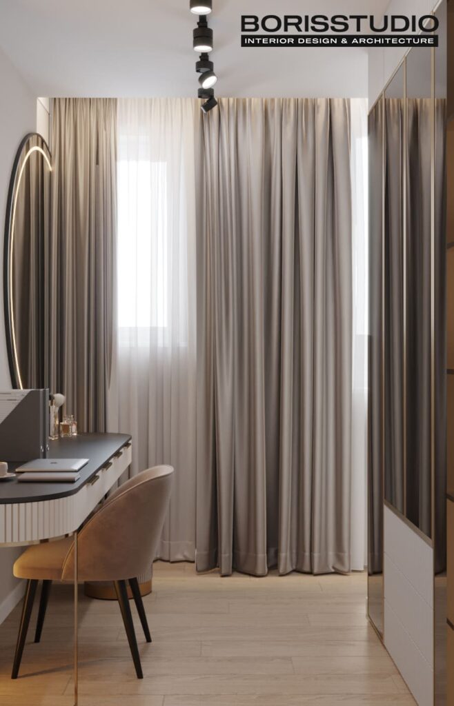 Дизайн інтер'єру двокімнатної квартири ЖК «Меридіан», спальня туалетний столик вид збоку