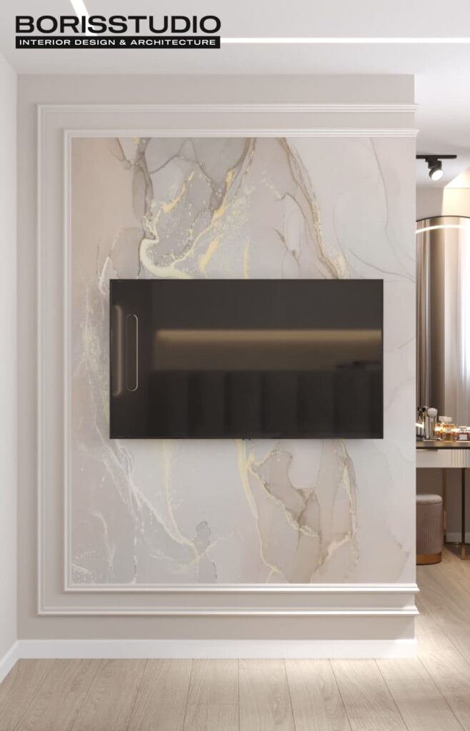 Дизайн інтер'єру двокімнатної квартири ЖК «Меридіан», спальня телевізор