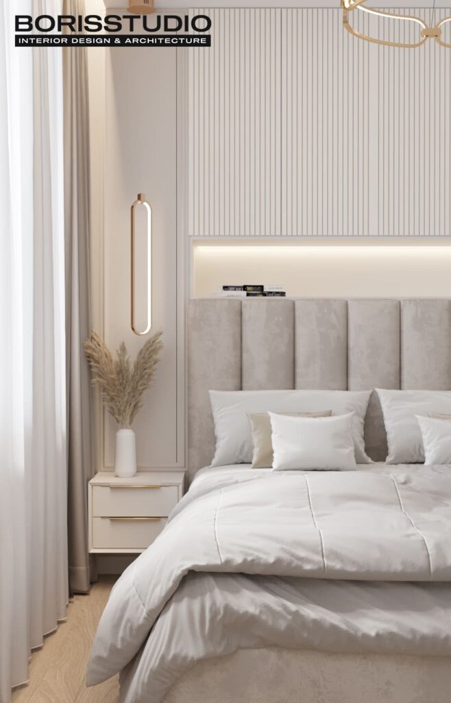 Дизайн інтер'єру двокімнатної квартири ЖК «Меридіан», спальня вид збоку