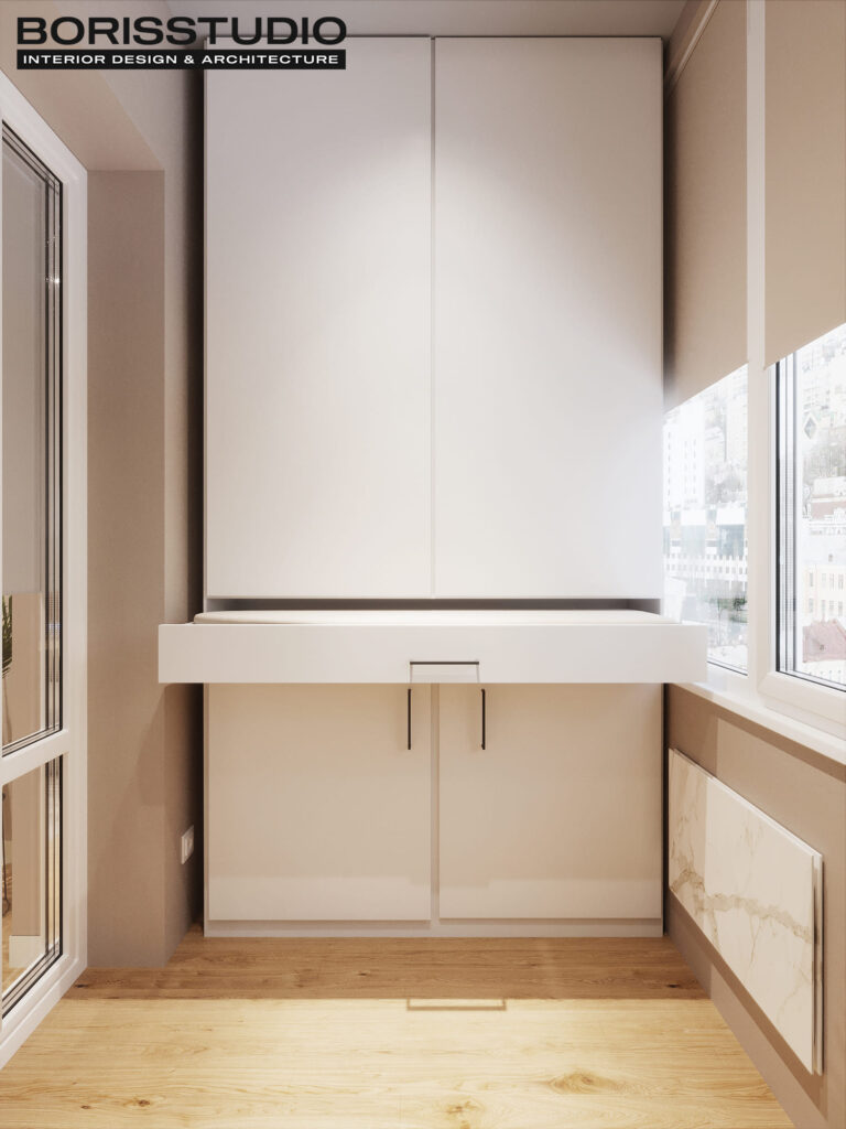 Дизайн інтер'єру однокімнатної квартири ЖК «Перемоги 2», балкон вид зліва