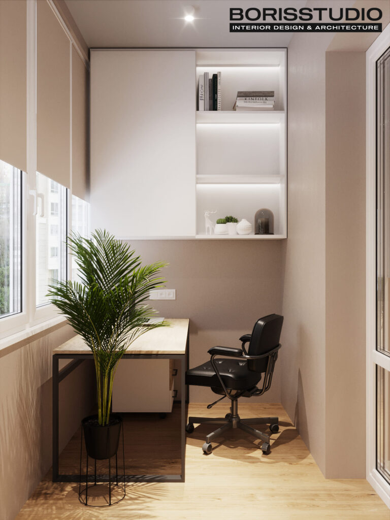 Дизайн интерьера однокомнатной квартиры ЖК «Победы 2», балкон вид справа