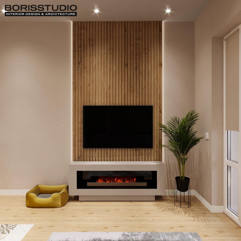 Дизайн інтер'єру однокімнатної квартири ЖК «Перемоги 2», кухня-вітальня вид на телевізор