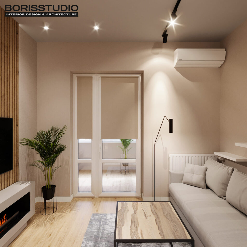 Дизайн интерьера однокомнатной квартиры ЖК «Победы 2», кухня-гостиная вид на балкон