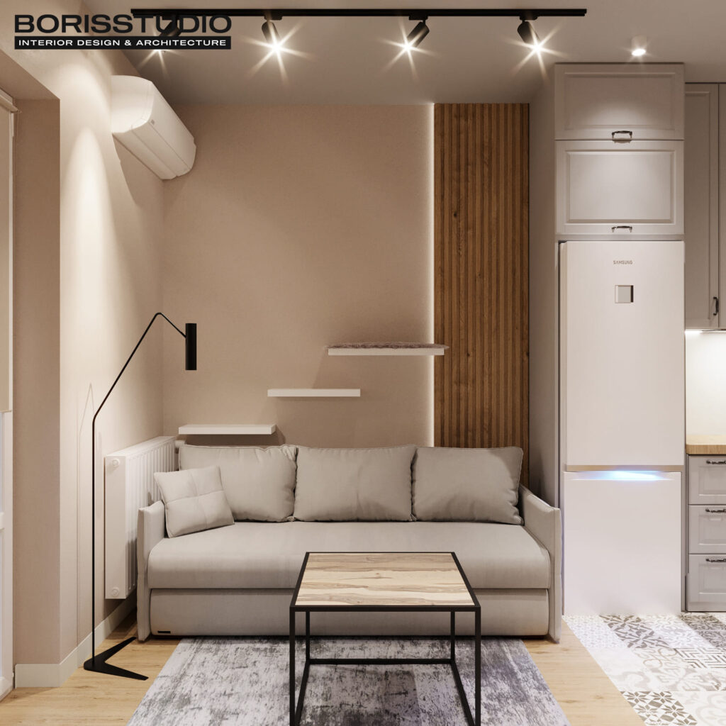 Дизайн інтер'єру однокімнатної квартири ЖК «Перемоги 2», кухня-вітальня вид на диван