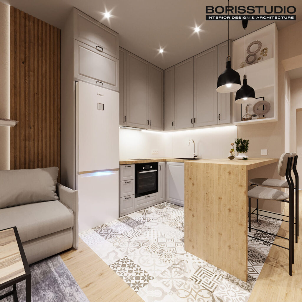 Дизайн інтер'єру однокімнатної квартири ЖК «Перемоги 2», кухня-вітальня вид збоку