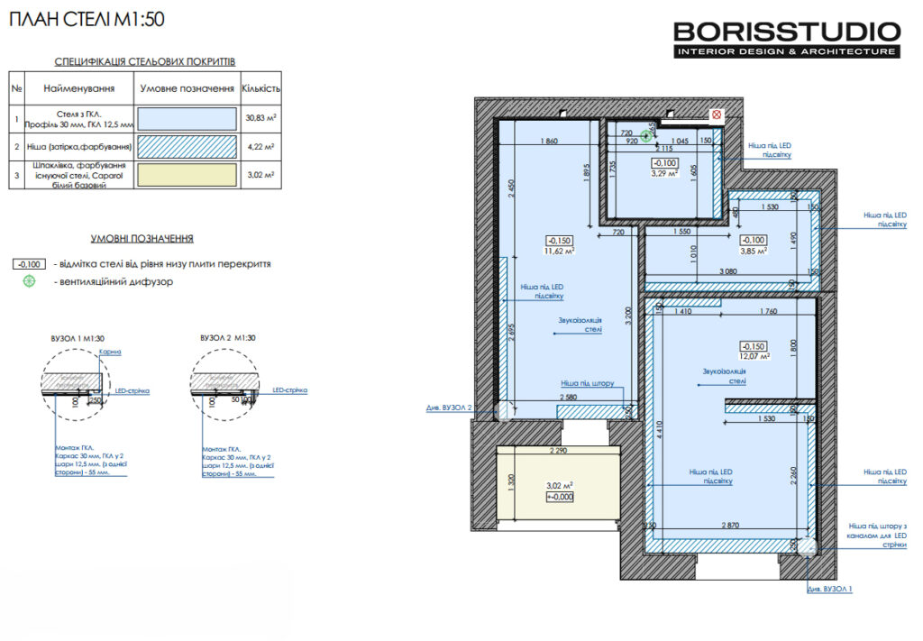 Дизайн-проект однокімнатної квартири ЖК «Гідропарк», план стелі