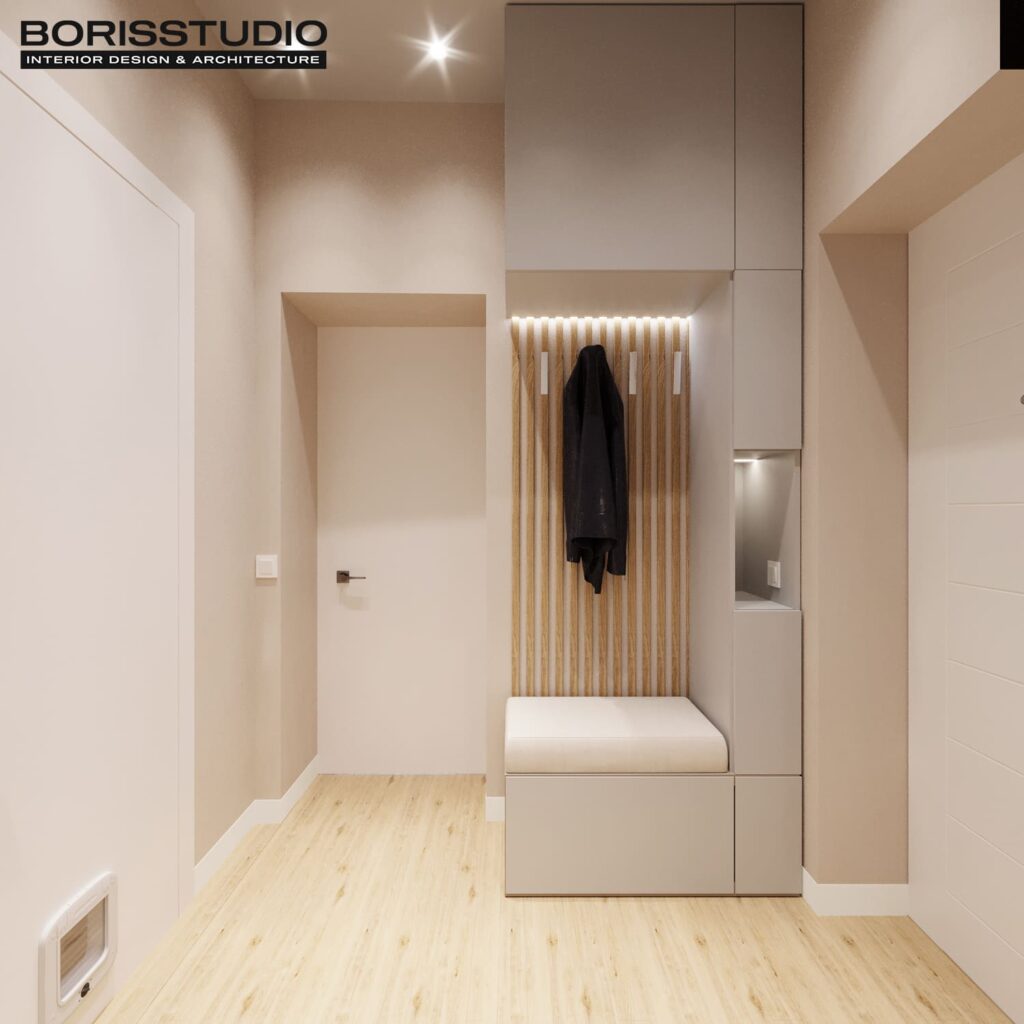 Дизайн інтер'єру однокімнатної квартири ЖК «Перемоги 2», передпокій вид справа
