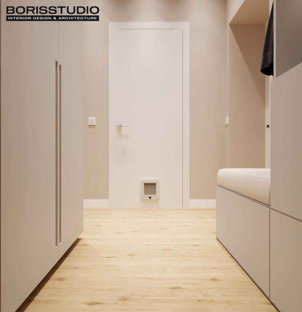 Дизайн інтер'єру однокімнатної квартири ЖК «Перемоги 2», передпокій вид ззаду