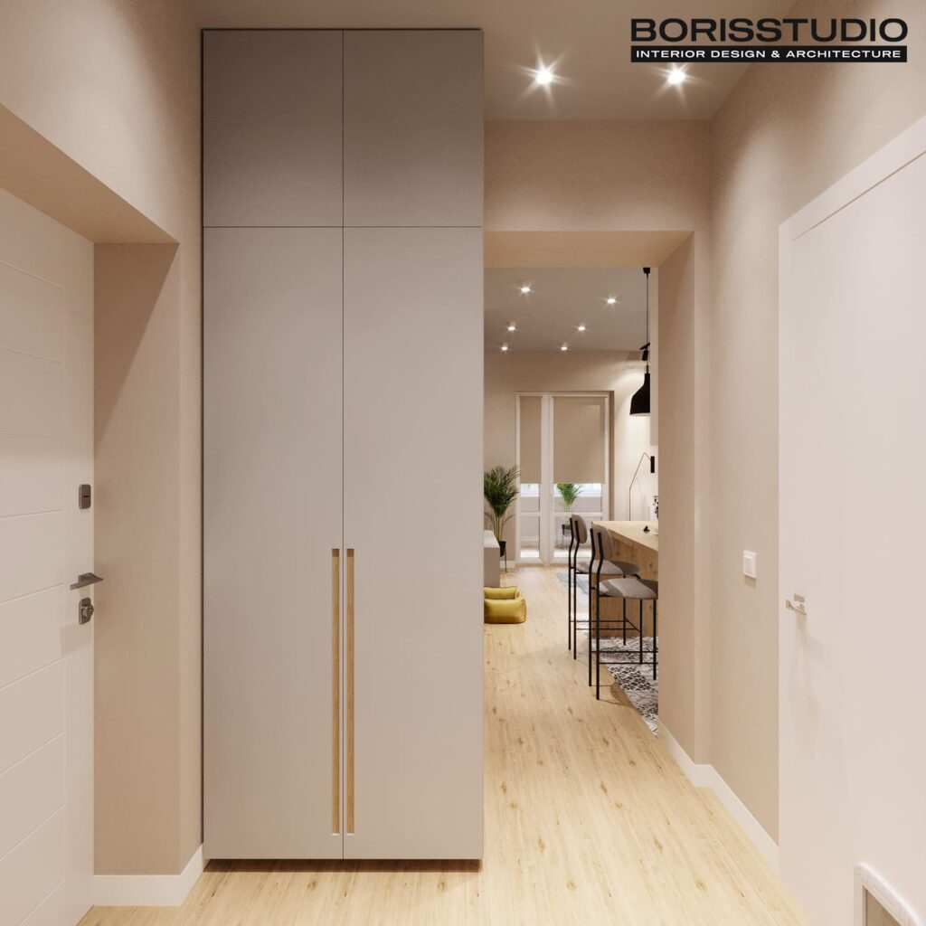 Дизайн интерьера однокомнатной квартиры ЖК «Победы 2», прихожая вид спереди