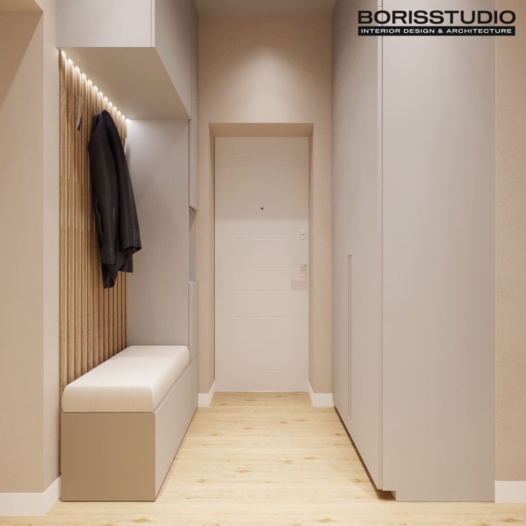 Дизайн інтер'єру однокімнатної квартири ЖК «Перемоги 2», передпокій вид зліва