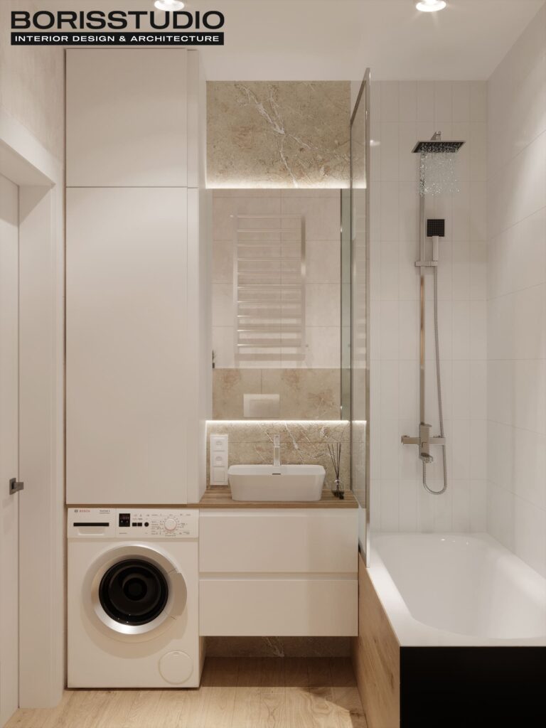 Дизайн интерьера однокомнатной квартиры ЖК «Победы 2», санузел вид слева