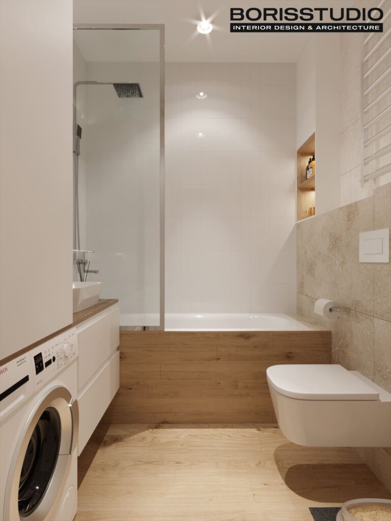 Дизайн интерьера однокомнатной квартиры ЖК «Победы 2», санузел вид спереди