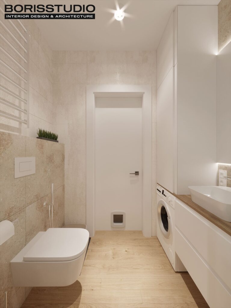 Дизайн интерьера однокомнатной квартиры ЖК «Победы 2», санузел вид сзади