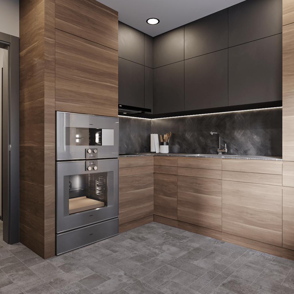 Дизайн угловой кухни в стиле хай-тек