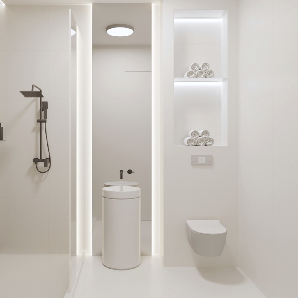 Оформлення санвузла з душовою кабіною штукатуркою