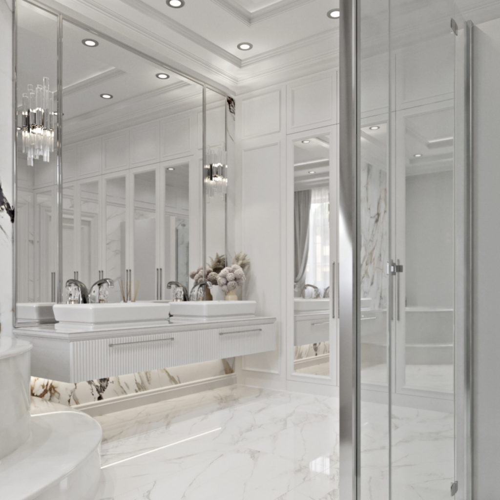 Оформление ванной комнаты с душевой кабиной штукатуркой