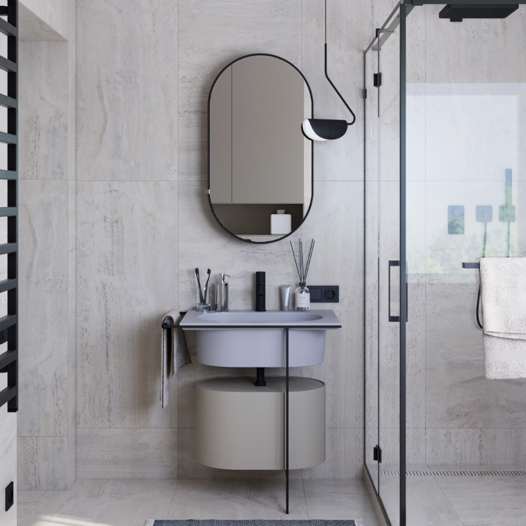 Дизайн интерьера ванной комнаты с душевой кабиной в скандинавском стиле