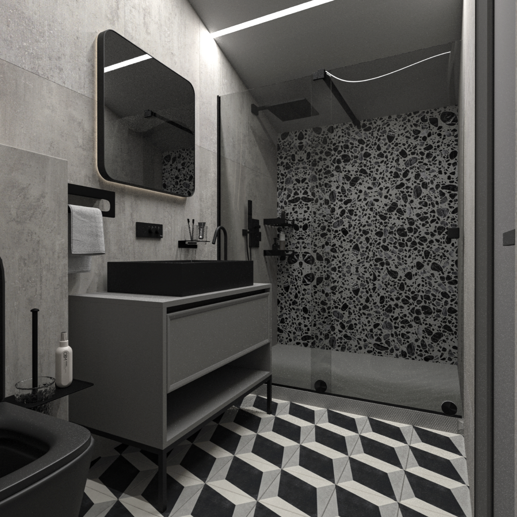 Скандинавский стиль в интерьере ванной с душевой кабиной