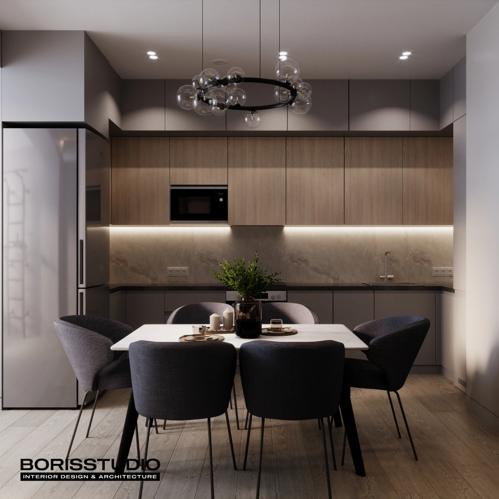 Дизайн серой кухни с подсветкой