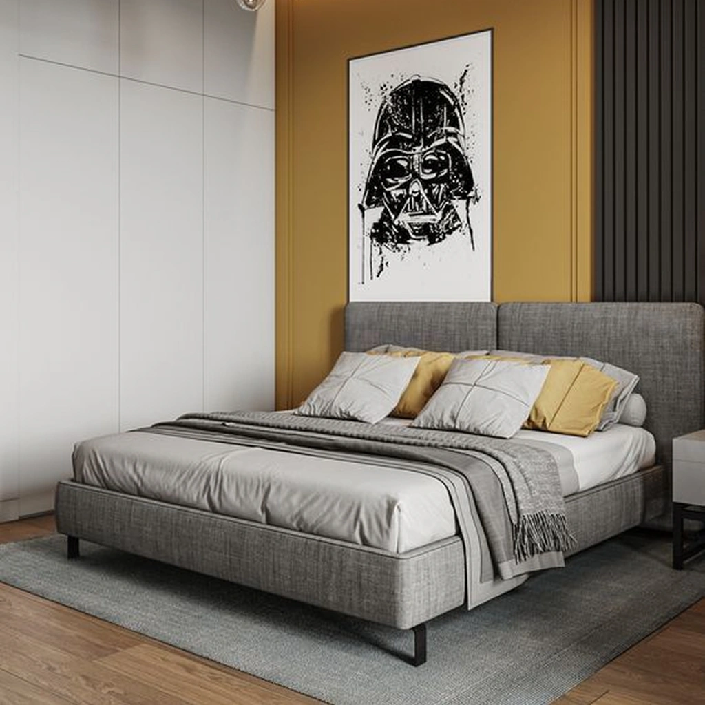 Дизайн серой спальни с желтой с стеной