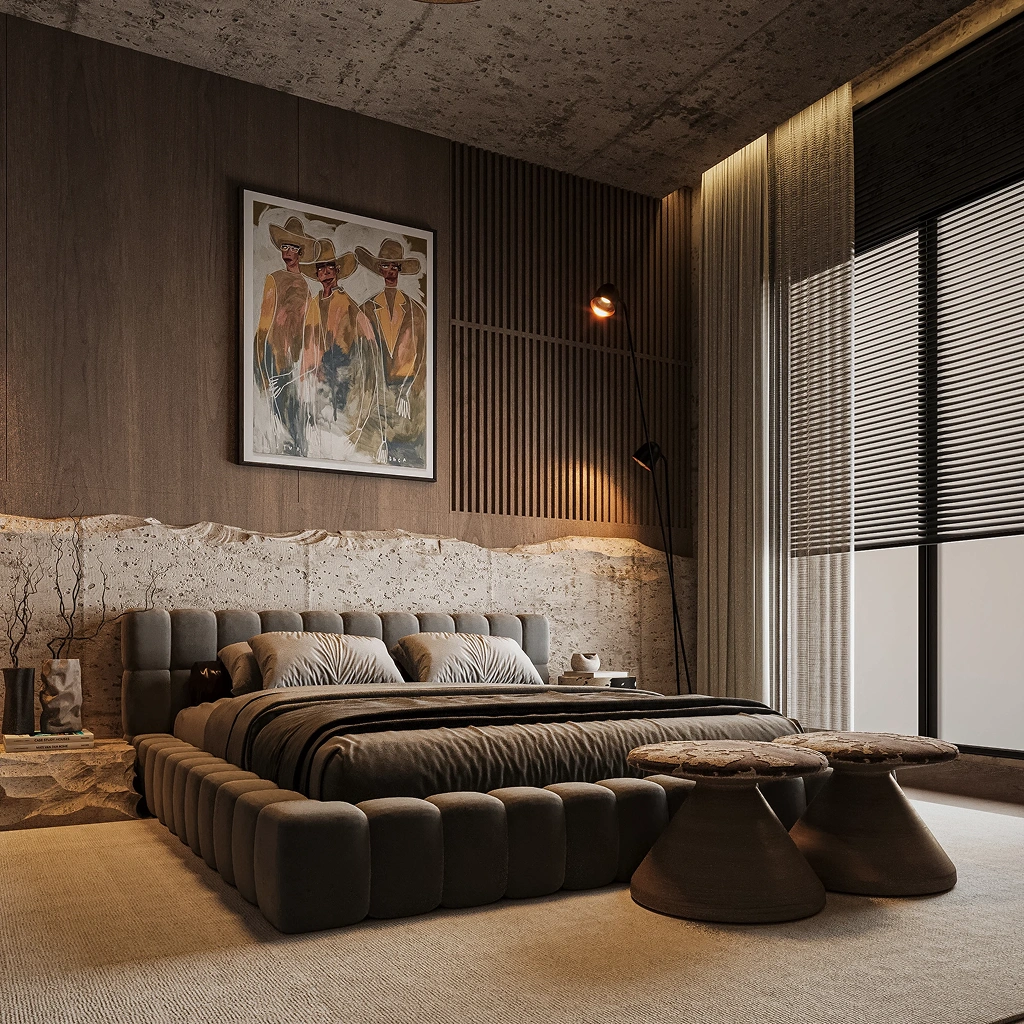 Дизайн спальни лофт с деревом