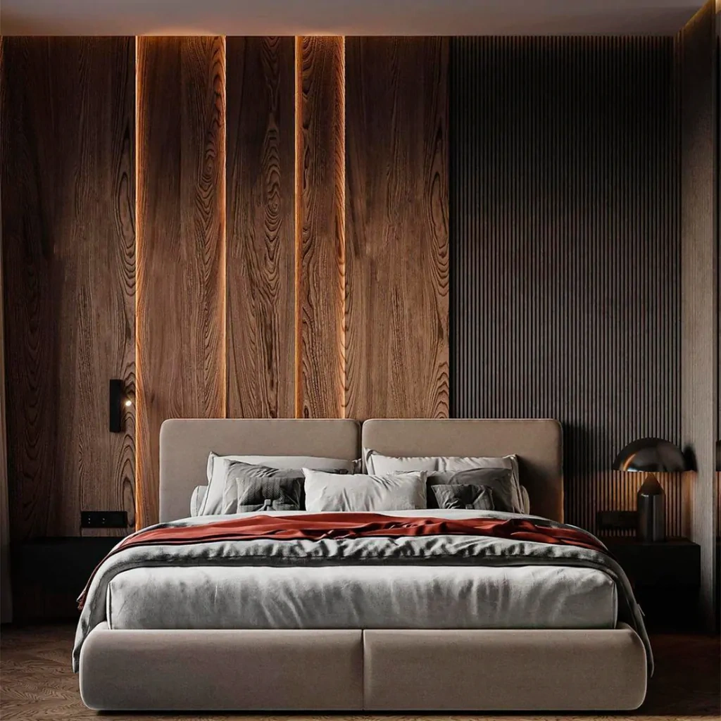 Дизайн спальни лофт с подсветкой