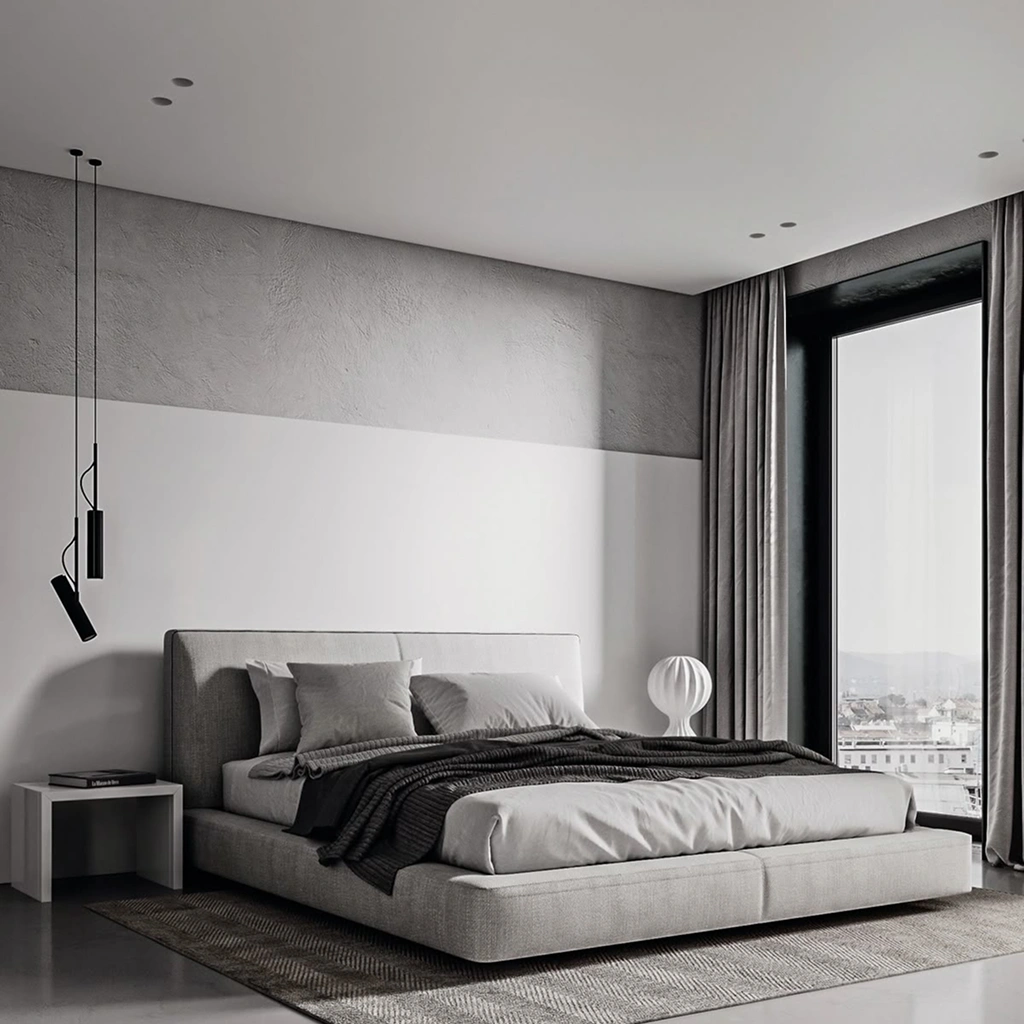 Дизайн спальни серый минимализм