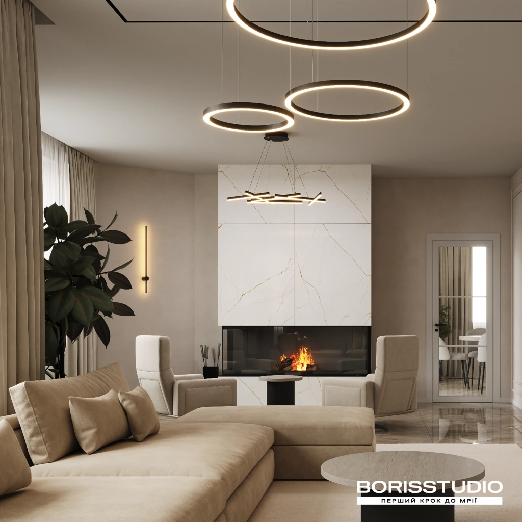 Гостиная с камином современный дизайн