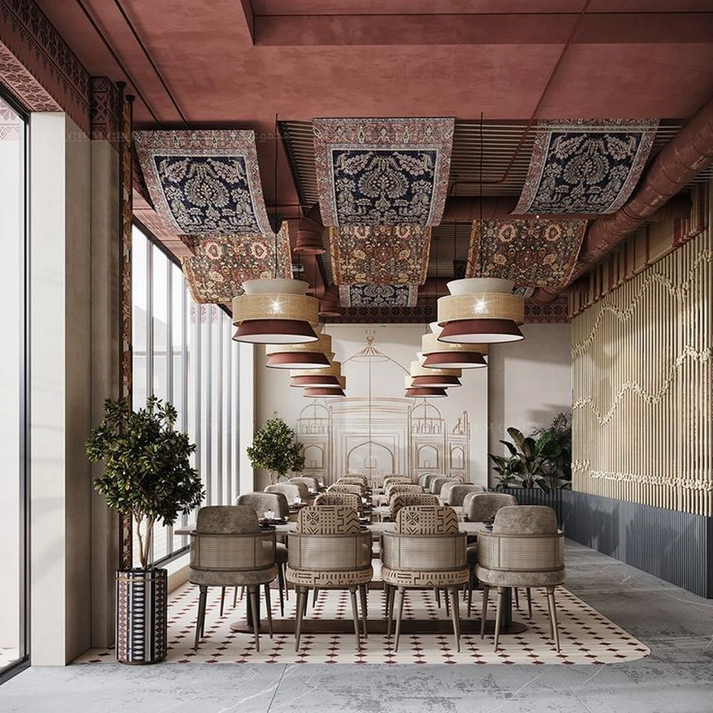 Интерьер ресторана в восточном стиле с орнаментами