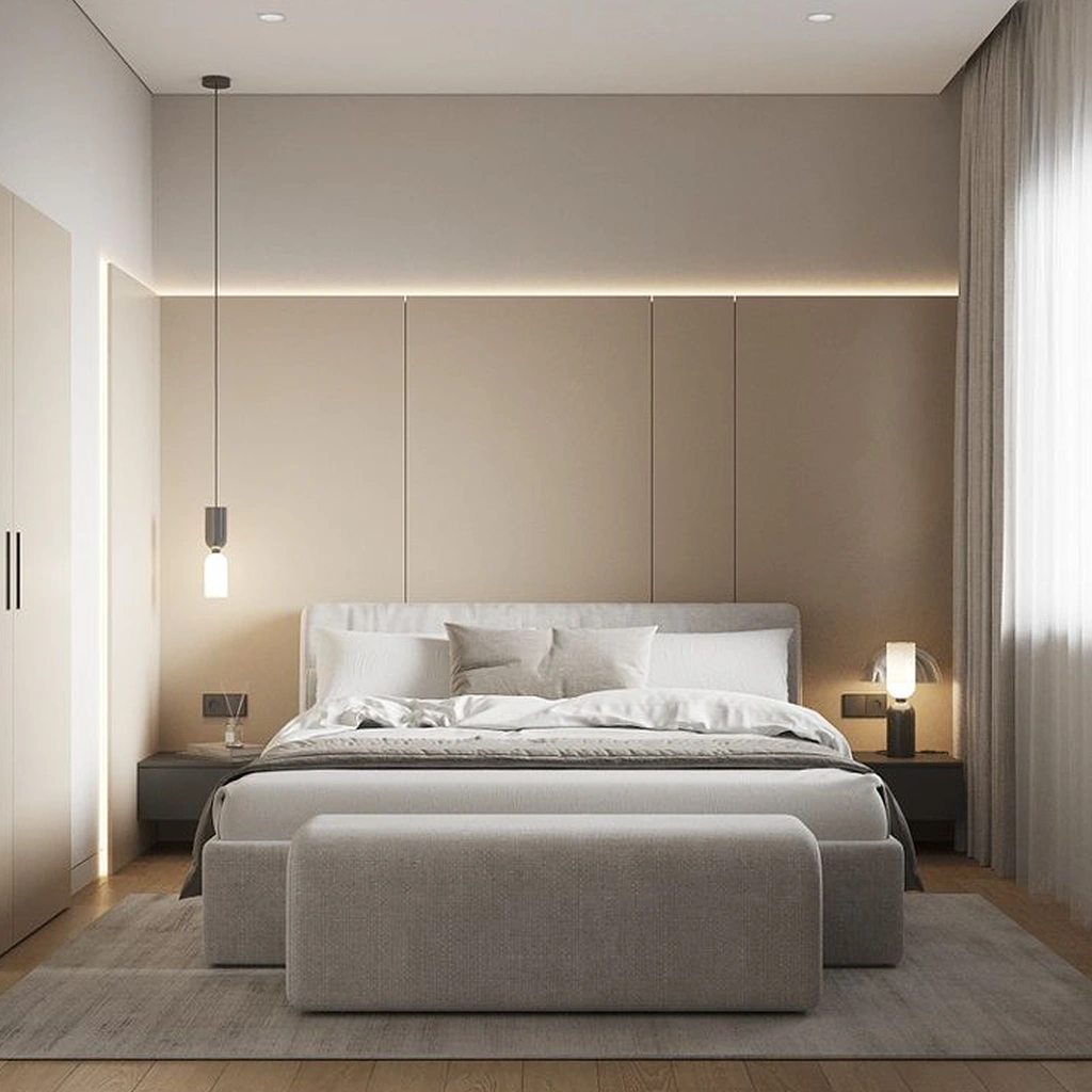 Інтер'єр спальні сірий мінімалізм
