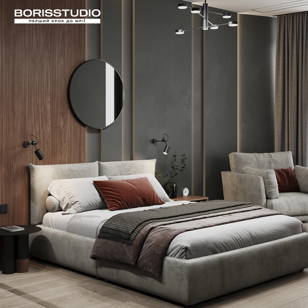 Интерьер спальни в сером цвете