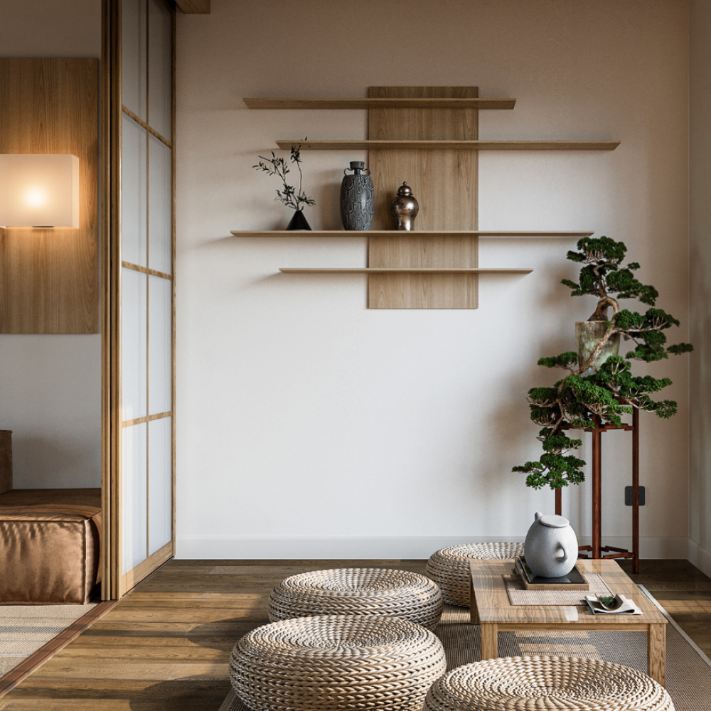 Дизайн-проєкт інтер'єру вітальні в японському стилі