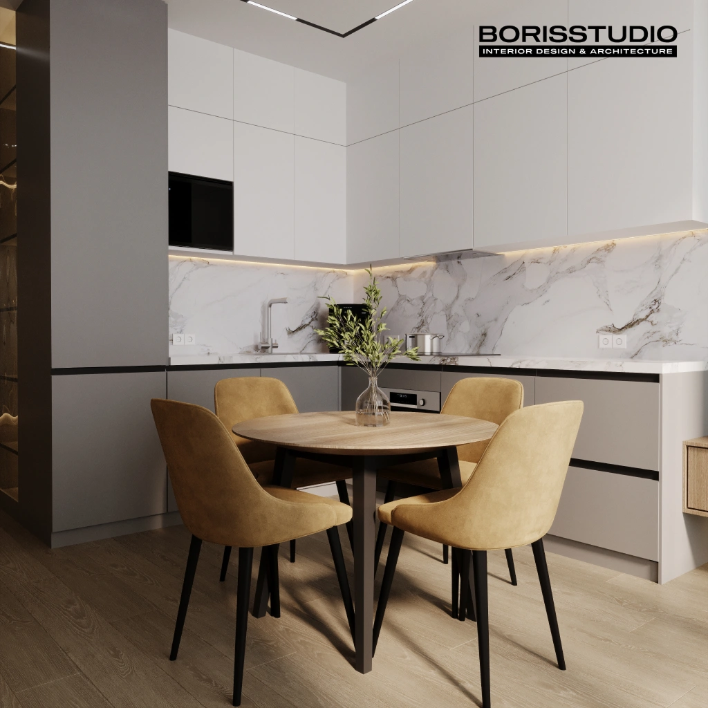 Кухня інтер'єр в сірому кольорі з жовтими стільцями