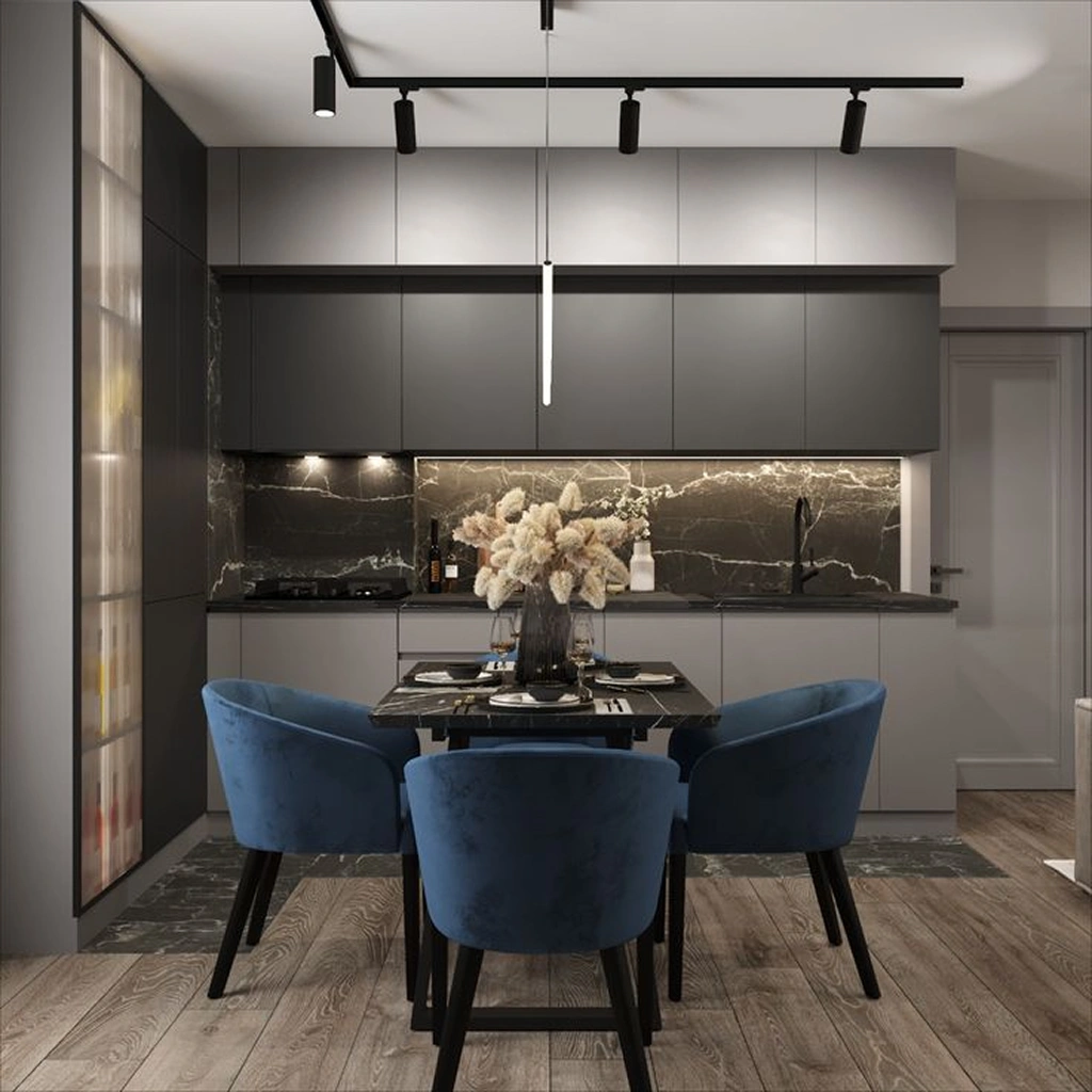 Кухня в сірому та синьому кольорі інтер'єр