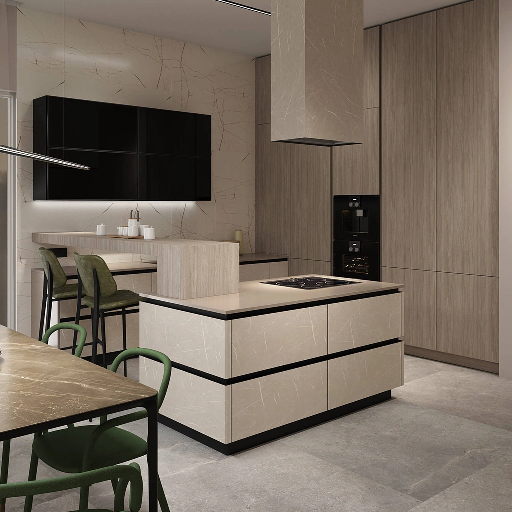 Просторная кухня roda с островом и встроенной техникой премиум класса