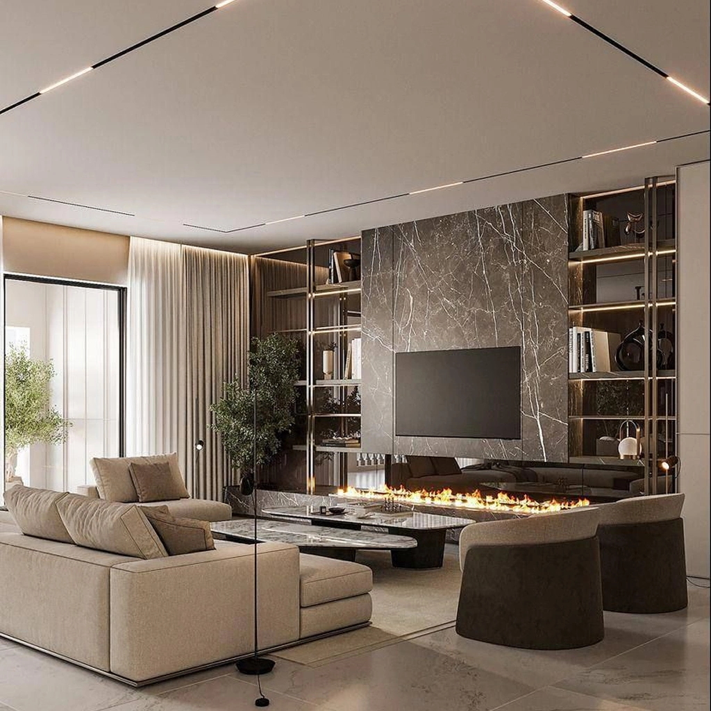 Розміщення меблів у вітальні з каміном