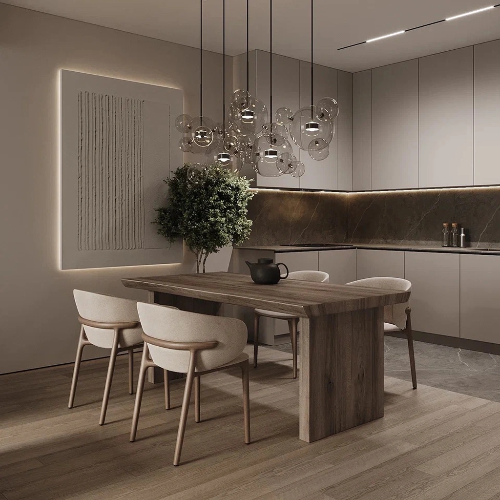 Серая кухня с деревянными акцентами