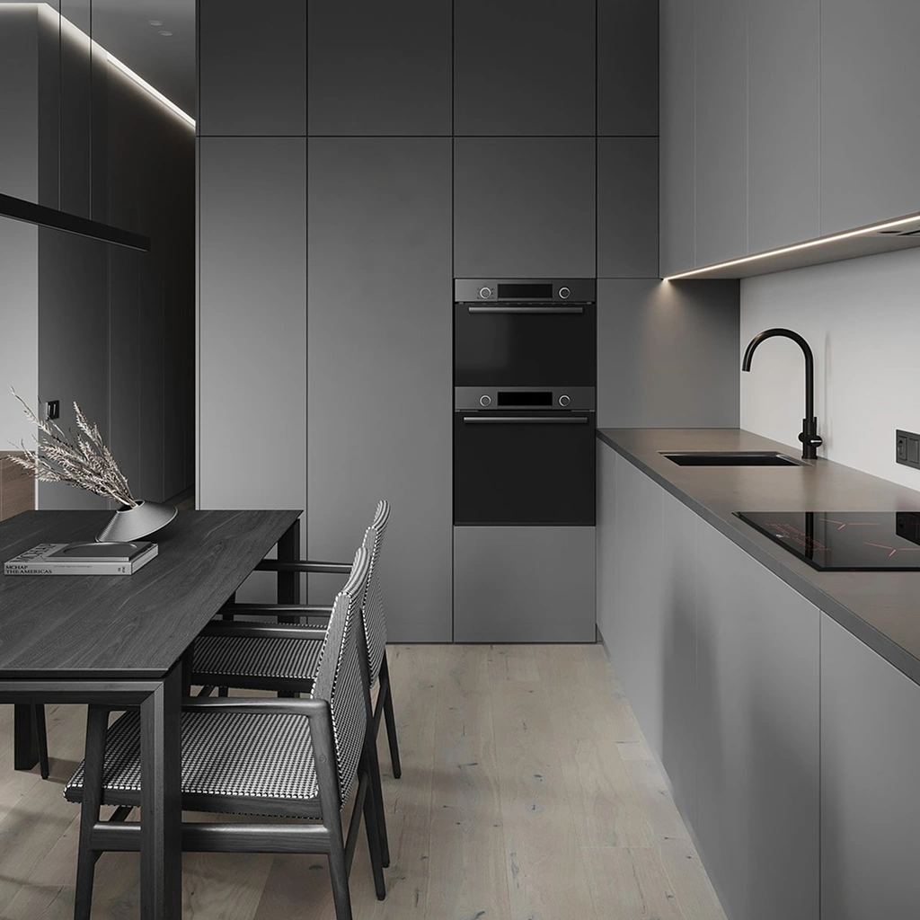 Серая кухня с матовыми фасадами