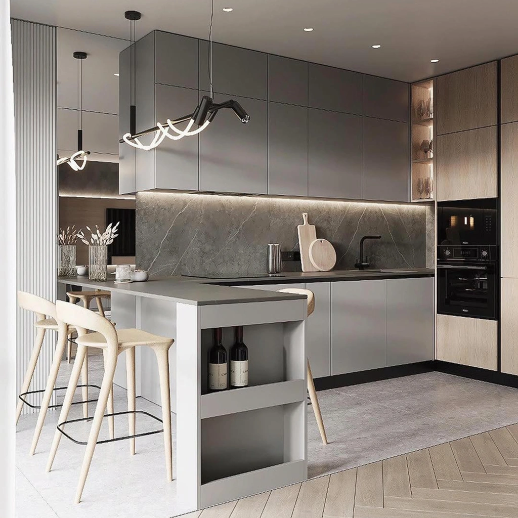 Серая кухня с встроенной техникой