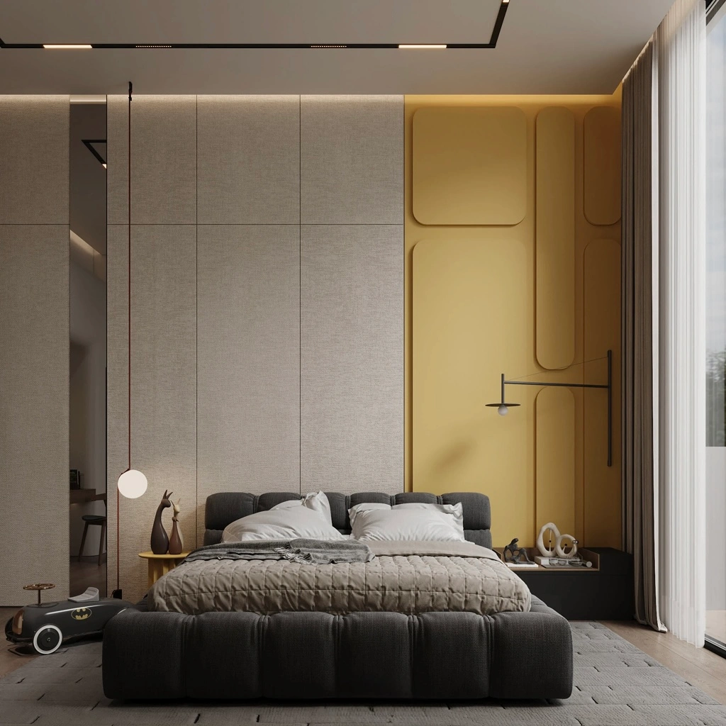 Серая спальня с акцентной стеной