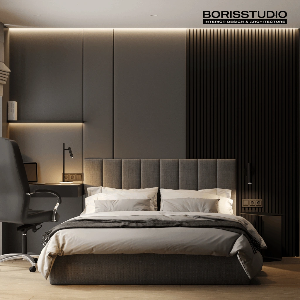 Серая спальня с мягким освещением