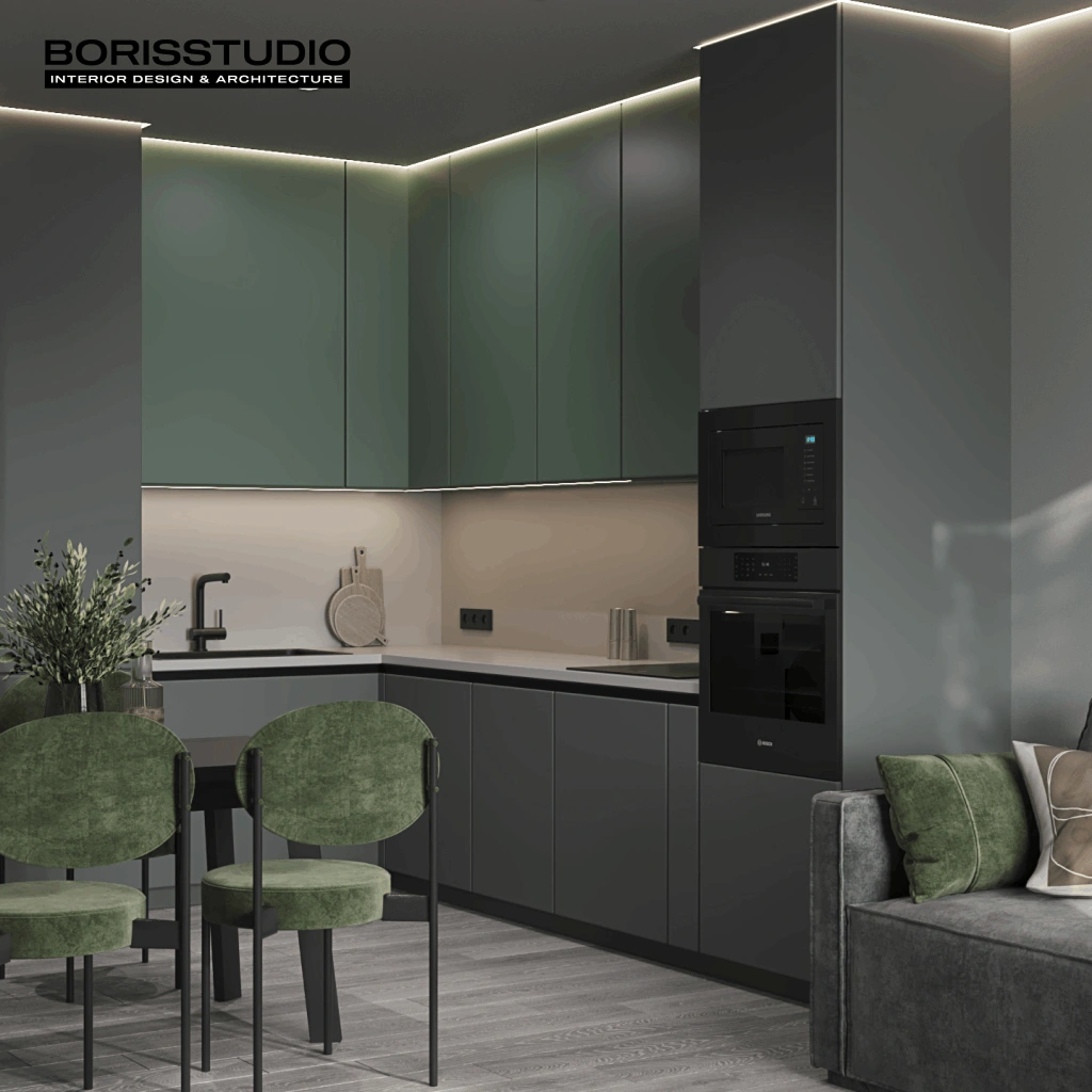Серый и зеленый в интерьере кухни